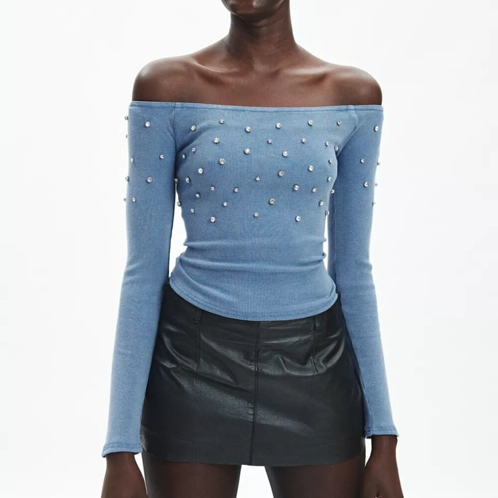 NWT UO Silence + Noise Della Shine Blue Boatneck Knit Top